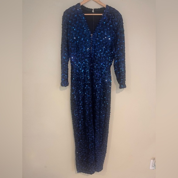 Lilli Diamond Original 60s 70s TRUE VINTAGE Blue Maxi Sequin Dress Long Sleeve L - Picture 2 of 14